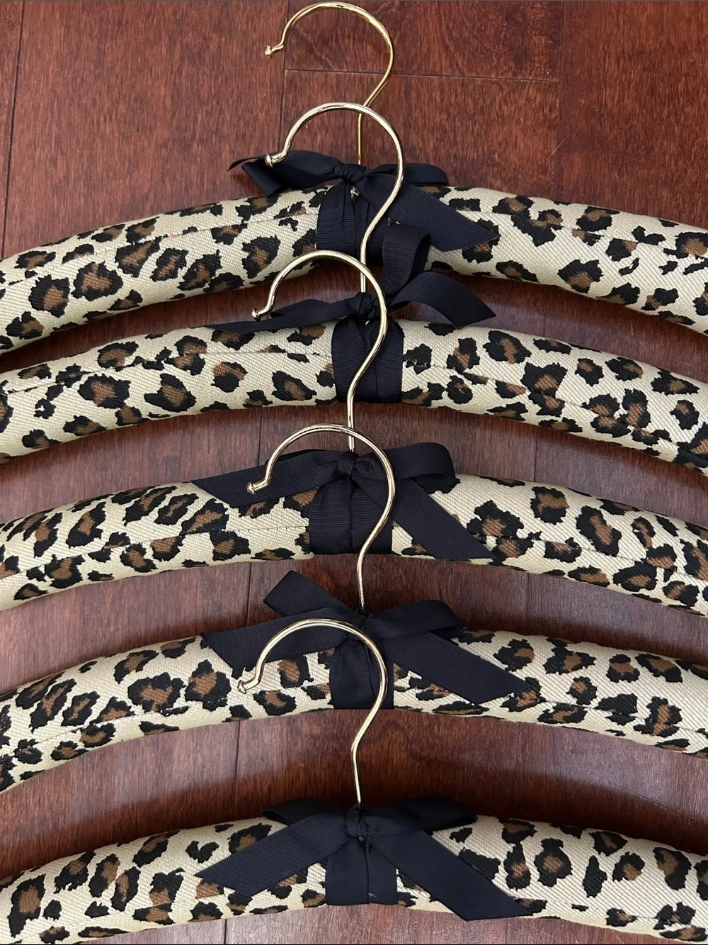 Animal Leopard Print Padded Hangers with Black Bows and Gold Hardware, Set of 5